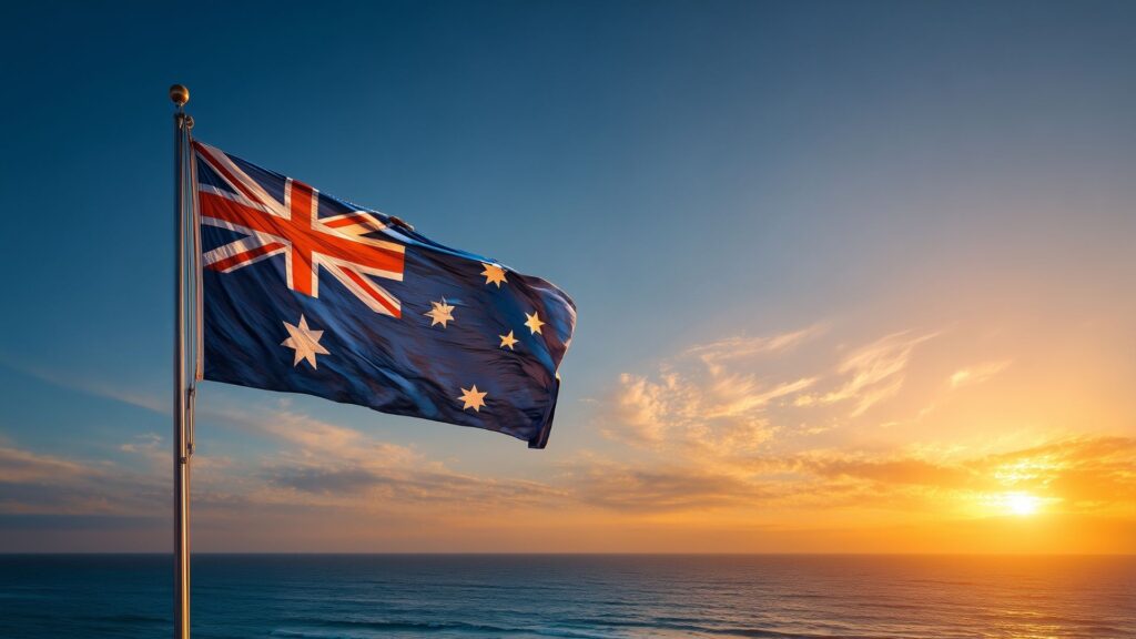 Australian flag flying on a flagpole against a coastal sunset sky, with the ocean visible in the background.